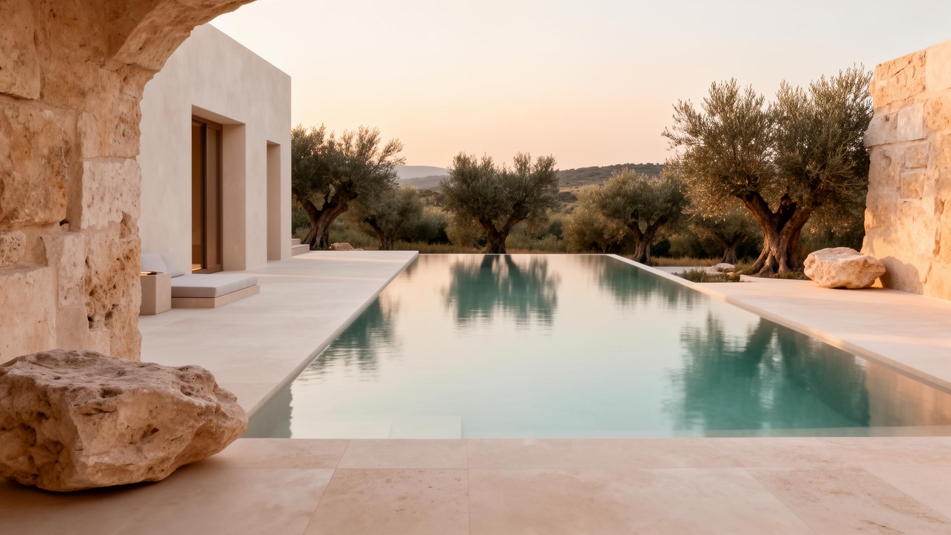 Mediterranean minimalist pool at dawn