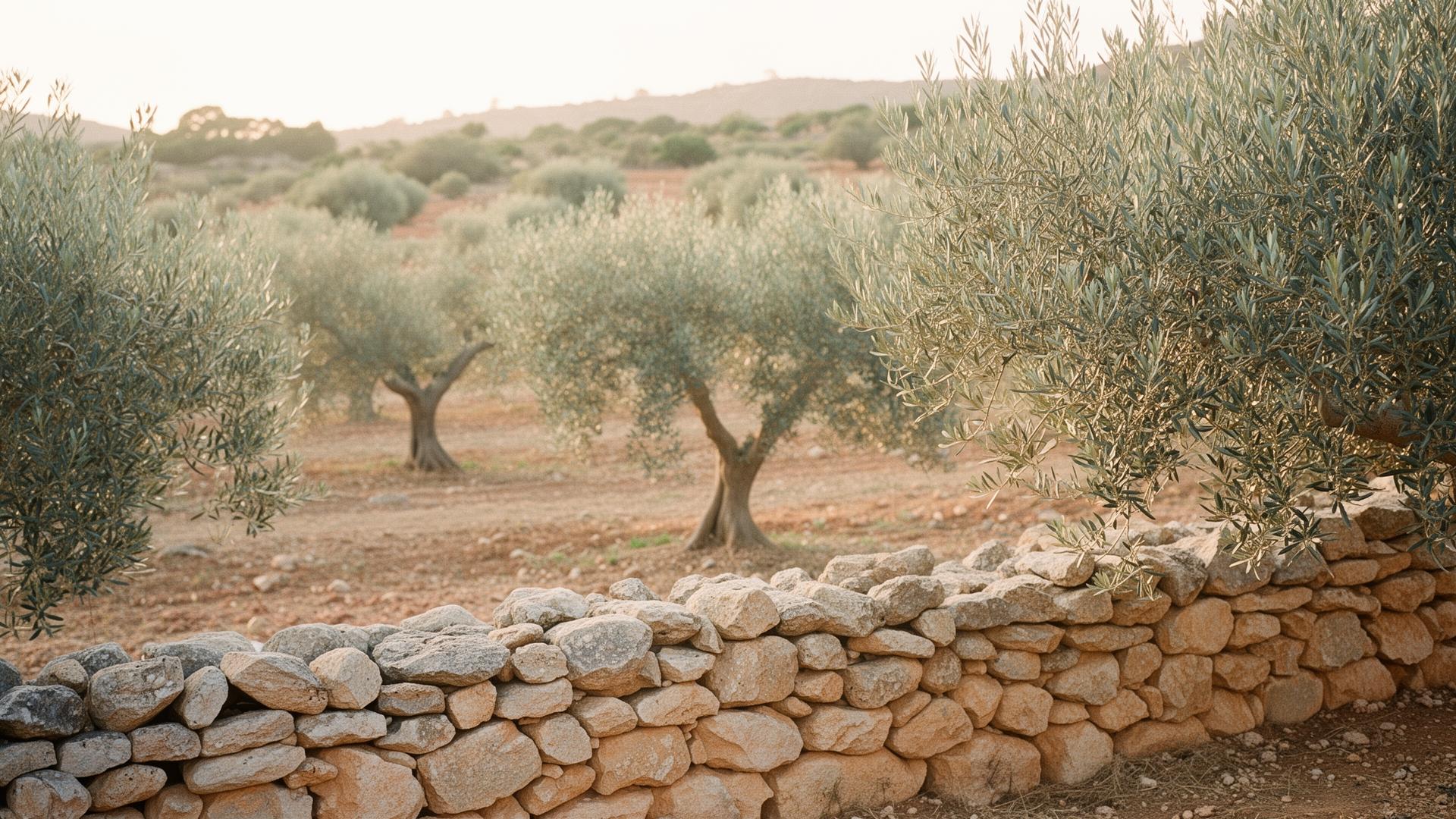 Mediterranean olive trees at dusk