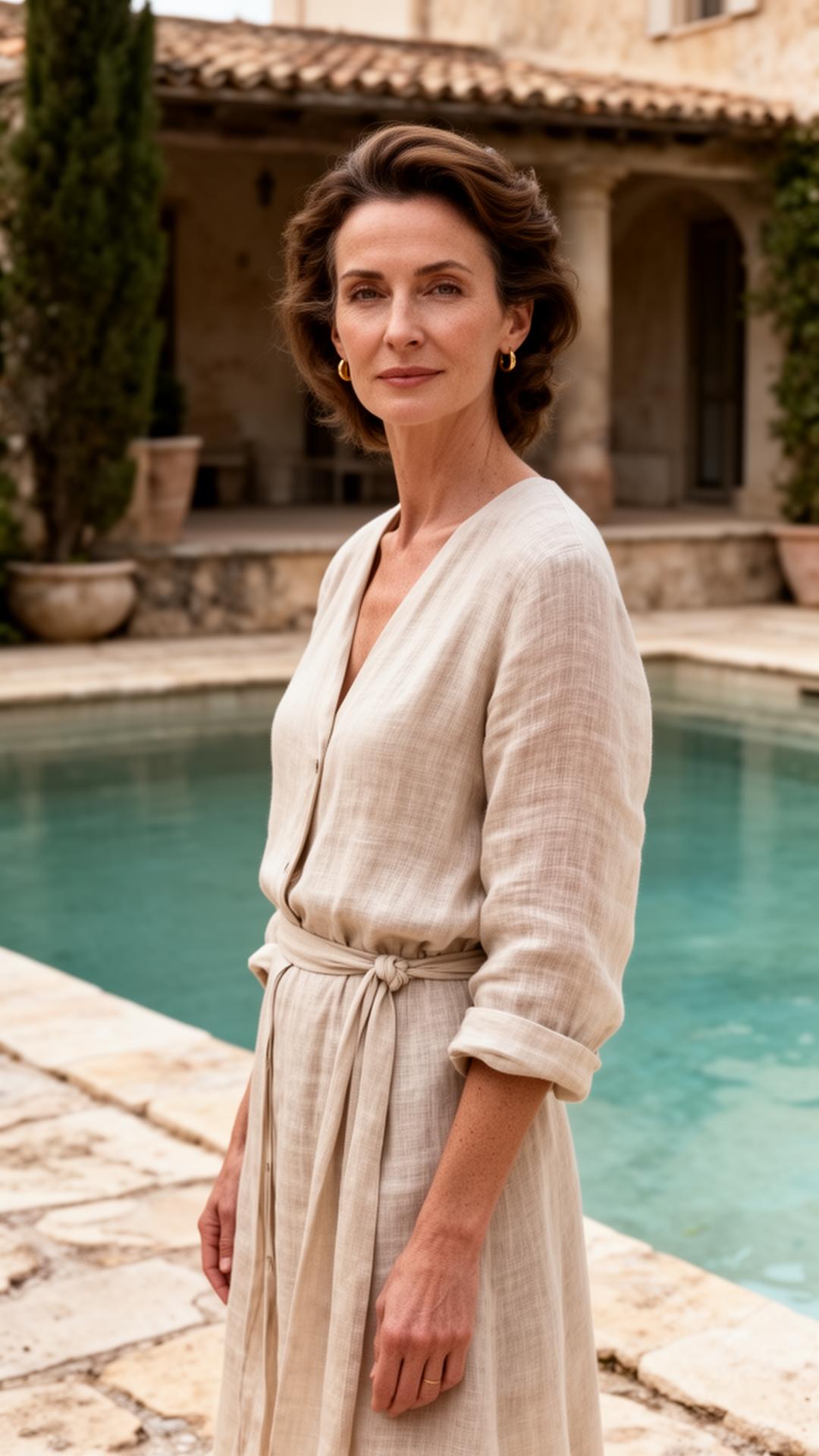 Editorial portrait by a Mediterranean pool